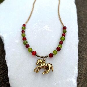 Gold Horse Charm Pendant Necklace with Red and Green Beads Collegiate Horse Gift
